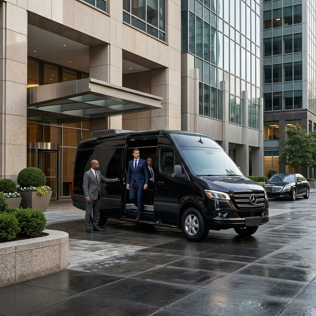 Premium chauffeur service staged outside a New York business hotel for an executive itinerary