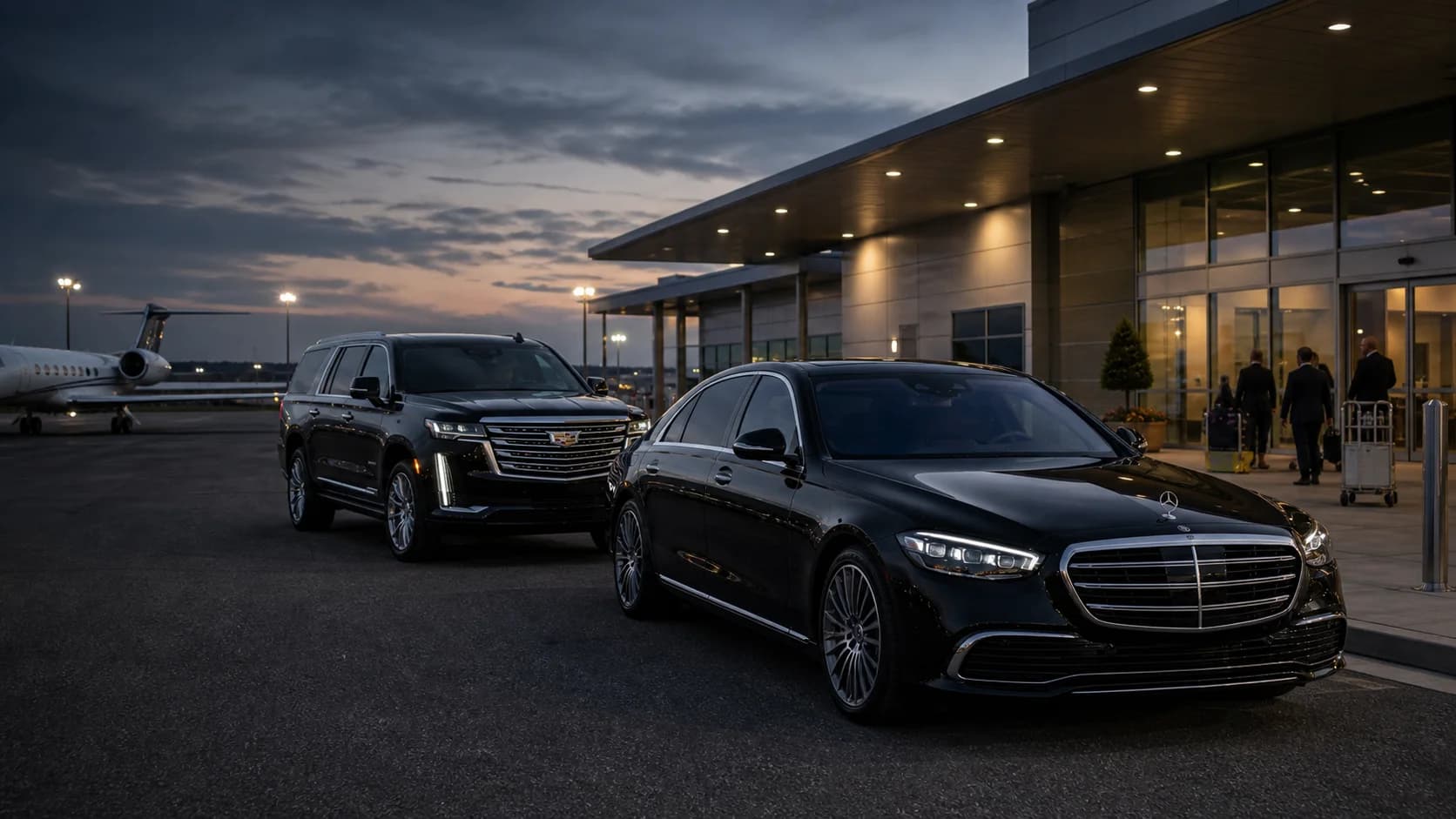 Black 2025 Mercedes-Benz S-Class and Cadillac Escalade staged at a Teterboro private aviation FBO