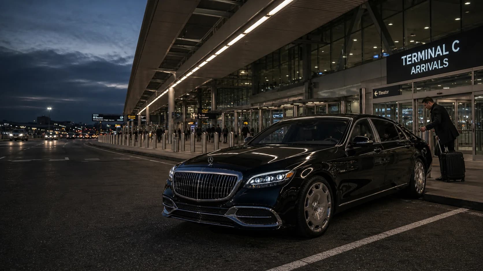 Black 2025 Mercedes-Maybach S-Class staged at Newark Terminal C arrivals pickup