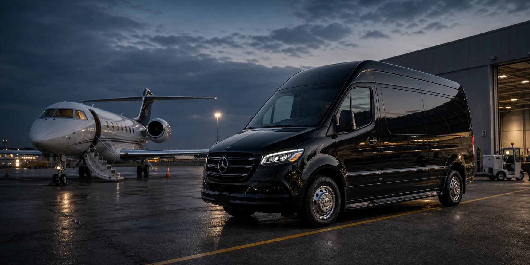 Black 2025 Mercedes-Benz Jet Sprinter staged beside a private jet at Teterboro