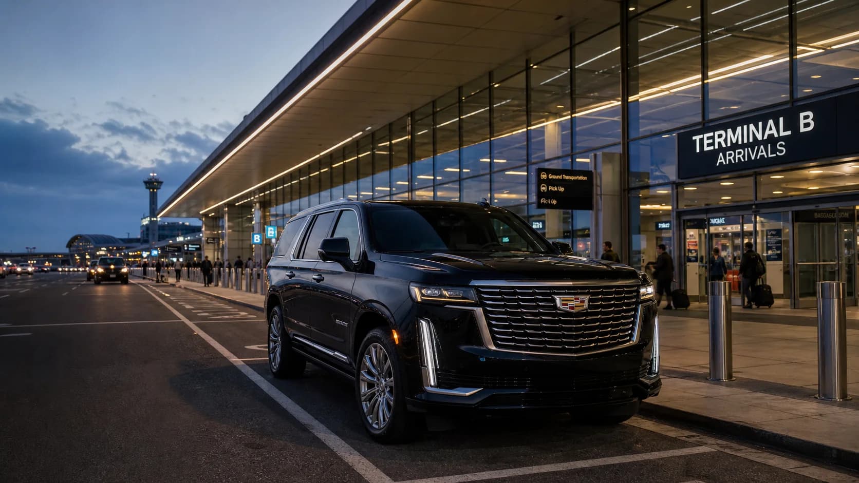 Black 2025 Cadillac Escalade staged at the LaGuardia Terminal B arrivals pickup curb