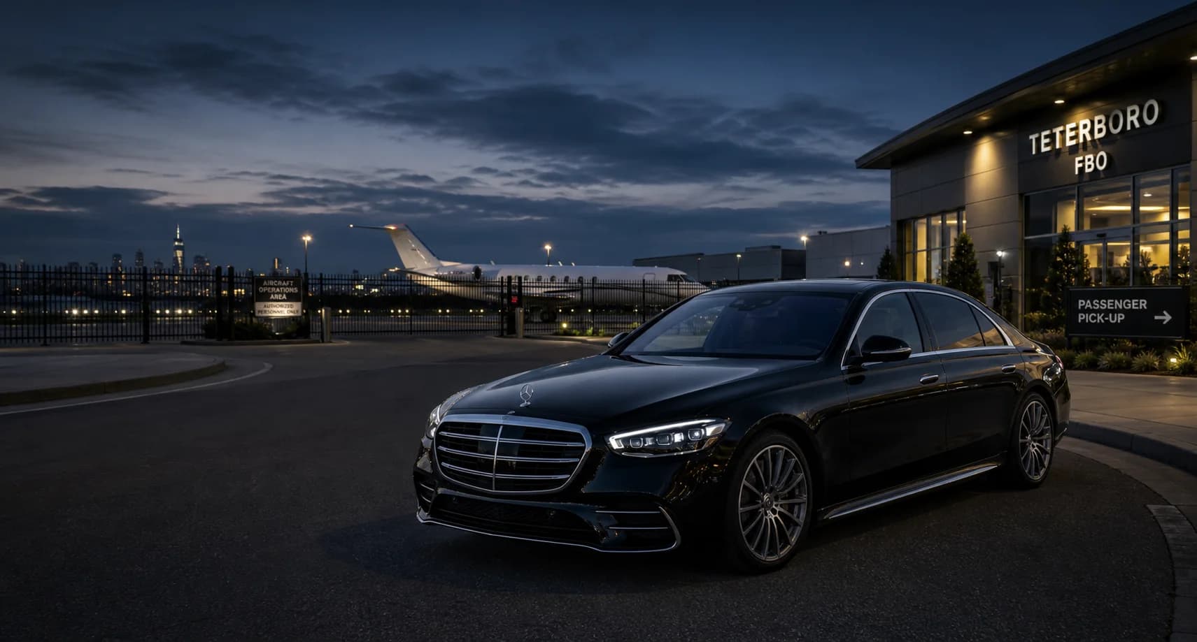 Black 2025 Mercedes-Benz S-Class staged near a Teterboro private aviation FBO ramp