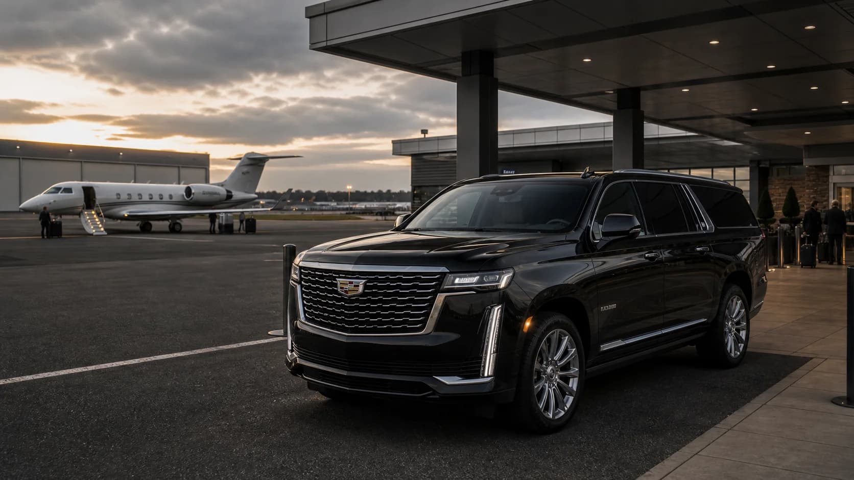 Black 2025 Cadillac Escalade ESV staged at a Teterboro private aviation FBO canopy