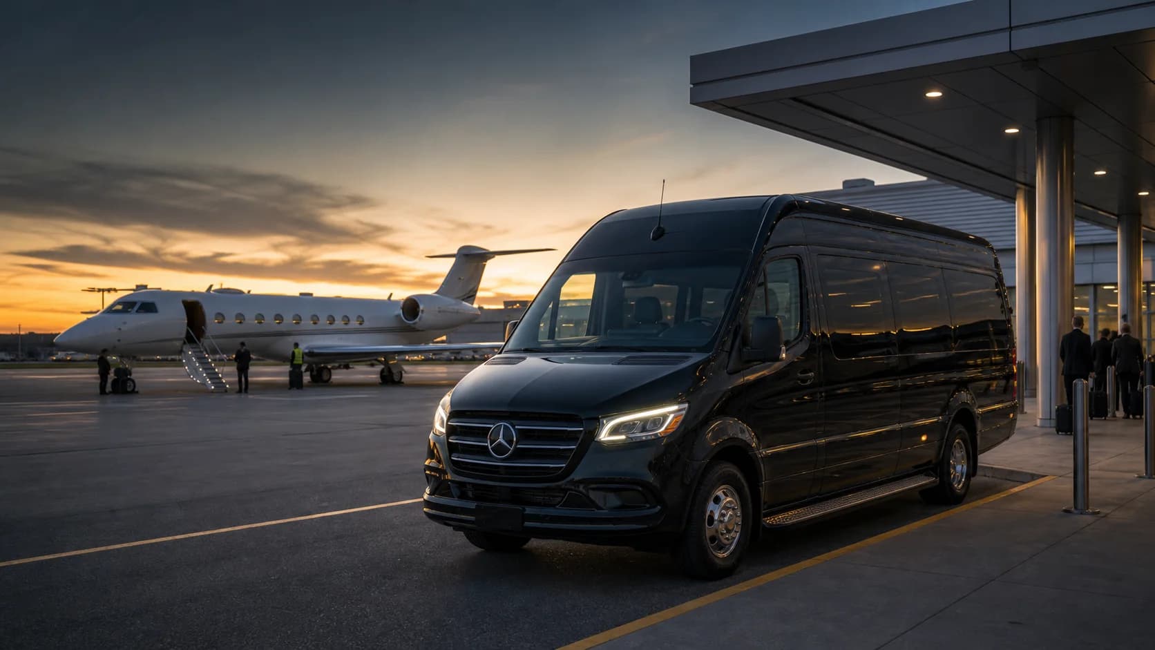 Black 2025 Mercedes-Benz Jet Sprinter staged for group pickup at a Teterboro FBO ramp