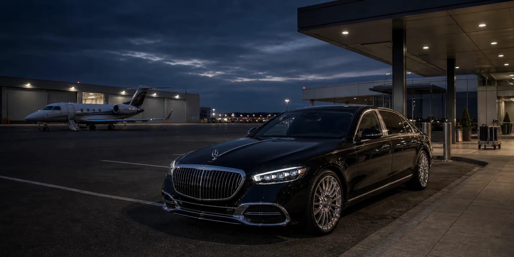 Black 2025 Mercedes-Maybach S-Class staged at a Teterboro private aviation FBO forecourt