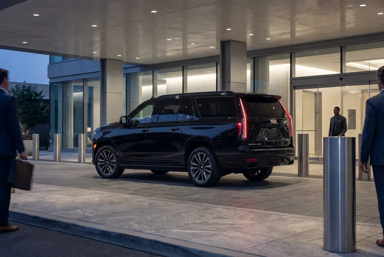 Black executive SUV staged under a modern arrival canopy